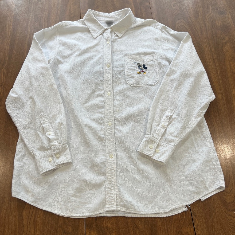 Vintage Disney Store Seersucker Long Sleeve Mickey Minnie Donald At Beach SzXL?